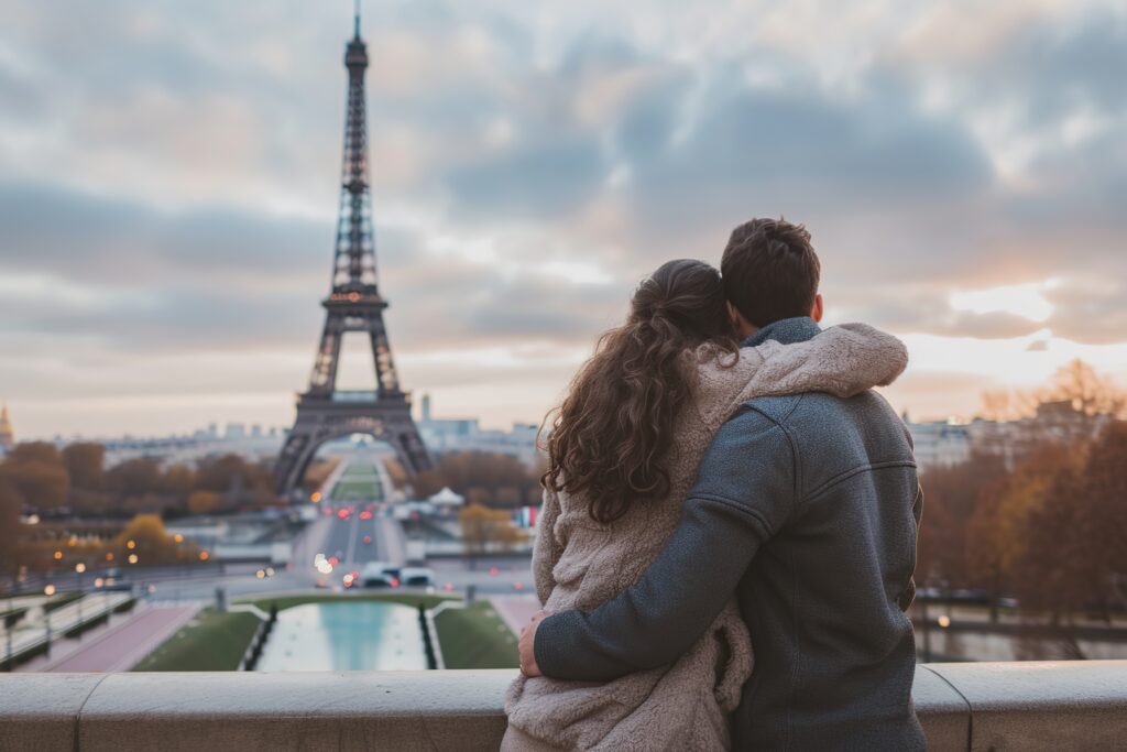 Back view of young couple standing in front of Eiffel Tower in Paris. Romantic getaway.Allegro Luxury Vacations. Brenda Ajay, travel specialist.