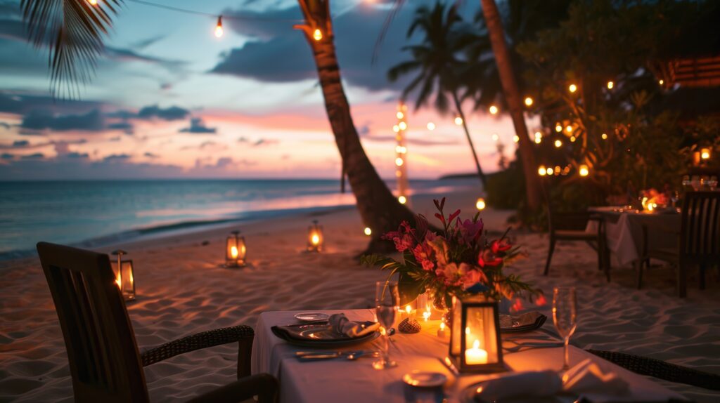 A Table Set up for a romantic meal on the beach with lanterns and chairs and flowers with palms and sky and sea in the background. Romantic getaway. Allegro Luxury Vacations. Brenda Ajay, travel advisor