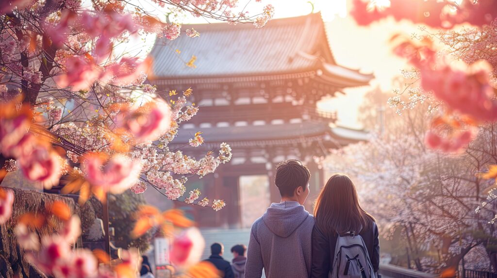 Couple Walking Through Cherry Blossoms in Kyoto. Romantic getaway. Allegro Luxury Vacations. Honeymoons. Brenda Ajay, Virtuoso Luxury Travel advisor.