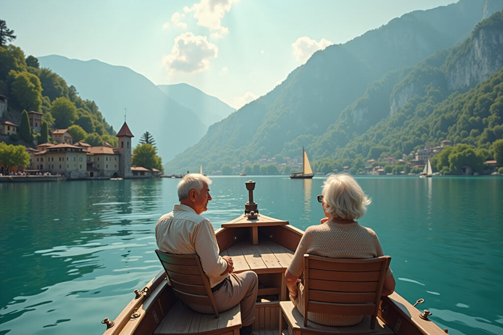 A retired couple enjoys a leisurely cruise along Lake Como in Italy. Romantic getaway. Allegro Luxury Vacations. Brenda Ajay, Virtuoso luxury travel advisor.