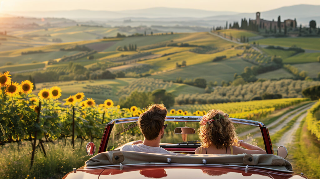 A couple takes a romantic drive through the Tuscan countryside in a vintage car. Sunflowers are in bloom in the fields that surround them. Romantic getaway. Tuscany honeymoon. Allegro Luxury Vacations. Brenda Ajay, Virtuoso luxury travel advisor.